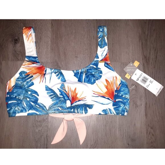 Roxy Blue and Orange Tropical Floral Print Bikini Top Size Large Surfer Hawaiian - Picture 1 of 3